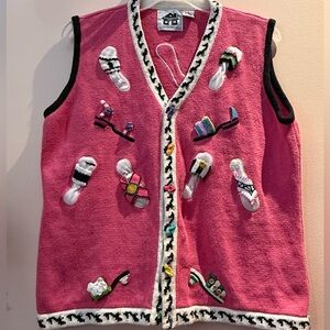 Storybook Knits Pink Beaded Embroidered Shoe Sweater Vest